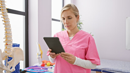 Sticker - A focused blonde woman healthcare professional uses a tablet in a bright rehab clinic room.