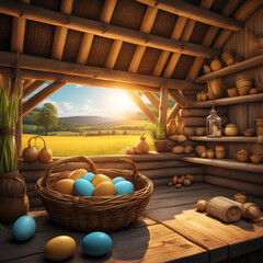 Wooden box with colorfull eggs