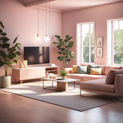 Wall Mural - modern living room with soft pink color wall tv unit, plants, leaves