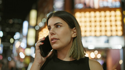 Sticker - Confident and beautiful hispanic woman joyfully speaking on her phone during a tokyo city night