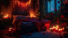 The Bedroom With Candles, Roses And A Box Of Chocolates Generative AI