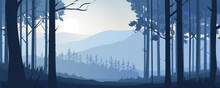 Beautiful Landscape Of Dawn In The Forest. Panoramic Landscape Of The Morning Forest At Sunrise, With Silhouettes Of Tall Trees, Fog, Views Of Mountains And Hills. Vector Illustration For Poster.