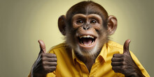Cheerful Monkey Smiles And Shows A Thumbs Up To Appreciate A Good Job Or Product. Wide Banner With Copy Space. OK Gesture, Close-up Portrait On A Yellow Background