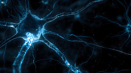 Poster - artistic dark blue colored neuron cell in the brain on black illustration background.