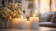 Tranquil Candlelight in Cozy Interior, trio of lit candles casts a warm, inviting glow on a bouquet of delicate white flowers, creating an ambiance of tranquility in a cozy room setting.