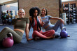 © Flamingo Images - Smiling group of women sitting with weights in a gym