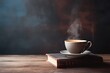 A stack of worn books and a steaming cup of coffee on a distressed wooden table, inviting moments of contemplation. Minimal background. Flat lay, top view, copy space.
