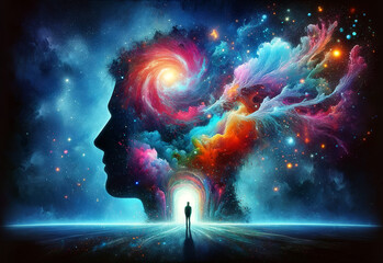 A surreal portrayal of a human silhouette and head profile emerging from a cosmic galaxy with vibrant colors and stars.Spiritual concept. AI generated.
