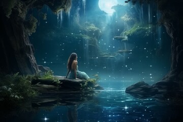 Poster - Serene moonlit waterfalls in Fantasy - Generative AI