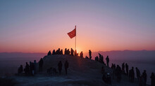 At The Break Of Dawn, People Gather On A Hilltop To Witness The Raising Of The Nowruz Flag, A Symbolic Act Heralding The Arrival Of The New Year. The Early Morning Light And The Fe
