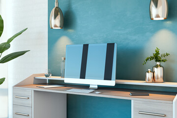 Poster - Close up of new home office workplace with computer monitor and reflections. 3D Rendering.
