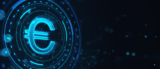 Wall Mural - Creative round hologram with mock up place, polygonal pattern and euro on wide blurry background. Money, online banking and finance concept. 3D Rendering.