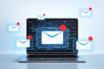 Fototapete - Laptop screen displaying emails and forex data, modern digital communication, blue tones. 3D Rendering
