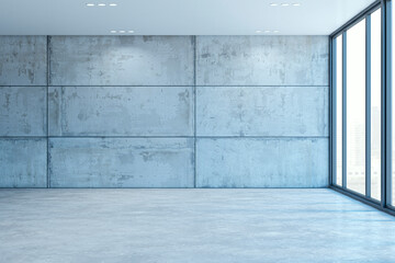 Poster - Empty modern spacious concrete interior with panoramic window. 3D Rendering.