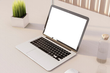 Poster - Laptop beside green plant and glass bottle on wooden desk, natural work ambiance. 3D Rendering