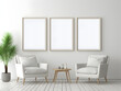 © tanjidvect - 3D living room with three chairs and three blank white frame mockups