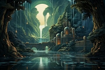 Canvas Print - Serene moonlit waterfalls in Fantasy - Generative AI