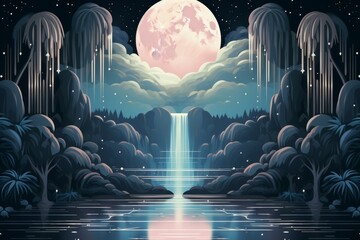 Canvas Print - Serene moonlit waterfalls in Fantasy - Generative AI