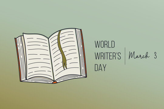 World Writer's Day. Open book with printed text. Literature concept. Retro style holiday banner. Doodle vector illustration.
