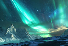 Mountain Landscape With Vibrant Green Aurora Lights In The Sky