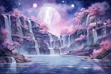 Sticker - Serene moonlit waterfalls in Fantasy - Generative AI