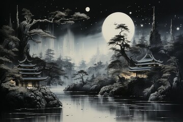 Wall Mural - Serene moonlit waterfalls in Fantasy - Generative AI