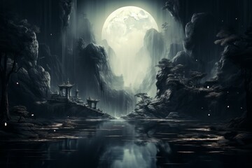 Poster - Serene moonlit waterfalls in Fantasy - Generative AI