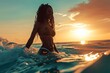 young black woman habing a bath  happily  in the water of a relaxing tropical sea at sunset 