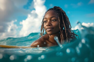 Wall Mural - young black woman swimming happily  in the water of a relaxing tropical sea 