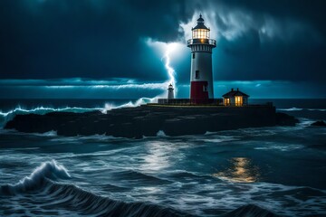 Wall Mural - Eclipse over the stormy ocean with a lighthouse shining into the darkness