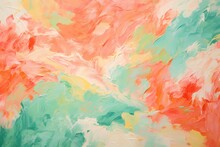 A Tapestry Of Jade And Coral Brushstrokes Converging, Forming A Dynamic And Lively Abstract Painting On The Canvas.