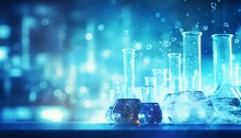 Abstract Science Background With Laboratory Glassware And Bokeh Lights.