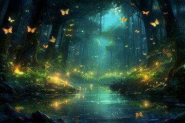 Wall Mural - luminescent spirit fireflies in fantasy - generative ai