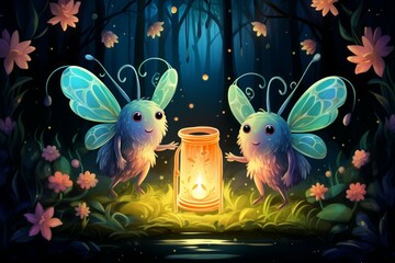 Canvas Print - Luminescent spirit fireflies in Fantasy - Generative AI