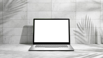 Aufkleber - Laptop mock up, laptop with white blank empty screen place for design and advertisement on the white cement platform and gray cement tile wall, white screen for design and products, laptop on table