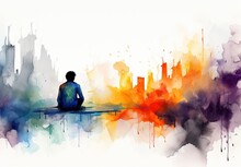 A Man Thinks About A Problem. Time For Reflection. A Picture Of A Guy Sitting Back And Looking At The Cityscape. Despair, Depression, Hopelessness Or Addiction Concept. Digital Art In Watercolor Style