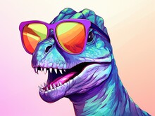 A Toothy Tyrannosaurus Rex With Glasses Is Painted. Close Portrait Of A Stern T-Rex Monster. Funny Fashion Prehistoric Lizard. Digital Art. Printable Design For T-shirt, Bag, Postcard, Case, Etc.