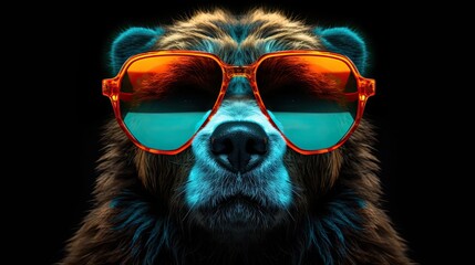 Wall Mural - Close-up portrait of a bear wearing glasses. Digital art of a multi-colored grizzly bear. Illustration for cover, card, postcard, interior design, decor or print.