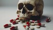 A close-up of a skull with a toothache, surrounded by pills. Generative AI