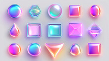 Set Of Holographic 3D Volumetric Figures, Different Shapes, Shiny Icons On A White Background