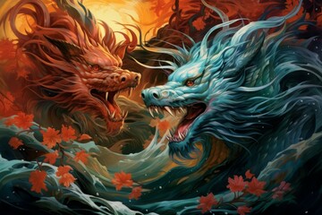 Poster - Ferocious storm dragons in Fantasy - Generative AI