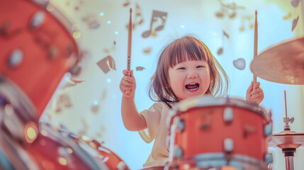 Happy child playing drums with enthusiasm, surrounded by confetti, perfect for family and music themes.