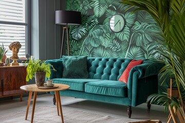 Wall Mural - Chair and turquoise sofa in green living room interior with leaves wallpaper and table. Real photo