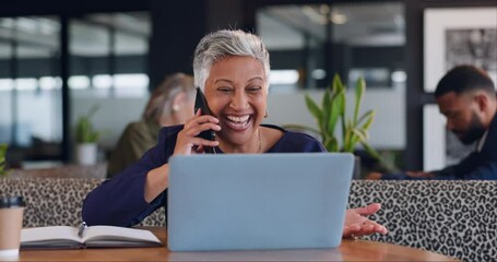 Aufkleber - Mature, woman and phone call with laptop in cafe for networking, conversation and business communication. Entrepreneur, person and smartphone with laughing for joke, consultant and talking to client