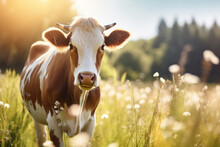 Cow In Sunny Grass Field, In The Style Of Pet Care. Nature-inspired Imagery. Cow Is Walking Around In A Field, Sunrays Shine Upon It. Cattle, Farming, Pasture.