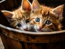 Two Kittens In A Wooden Bucket