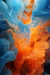 Wall Mural - An intricate dance of cerulean and tangerine liquid tendrils, weaving together in a mesmerizing 3D space, creating an immersive visual experience of dynamic flow.