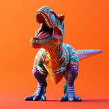 Fototapeta  - Neonowy tyranozaur na izolowanym pomarańczowym tle - ilustracja 3d - prehistoryczny gniew - Neon tyrannosaurus on isolated orange background - 3d illustration - prehistoric wrath - AI Generated