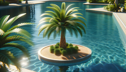 Wall Mural - Palm tree in the swimming pool. 3d render, minimal luxury lifestyle concept
