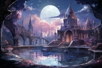 Wall Mural - bewitching moonstone fountains in fantasy - generative ai